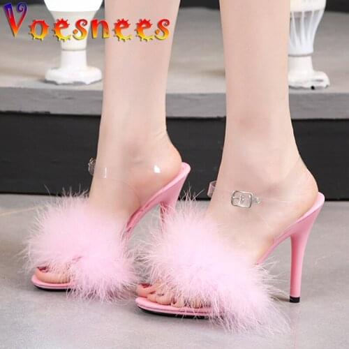 Korean Style Feather Decoration Sandals Transparent Ankle Strap Walk Show Super Thin High Heels Shoe Fairy Wedding Women Shoes