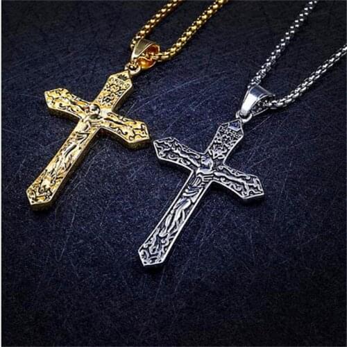 Hip-Hop Gold Cross Necklace Pendant For Men 60cm 316L Stainless Steel Chain + Alloy Cross Pendant Male Jewelry Gift Wholesale