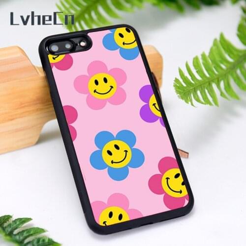 LvheCn Silicone Rubber Phone Case Cover for iPhone 6 6S 7 8 Plus X XS XR 11 12 Mini Pro Max Smiling flower pink print