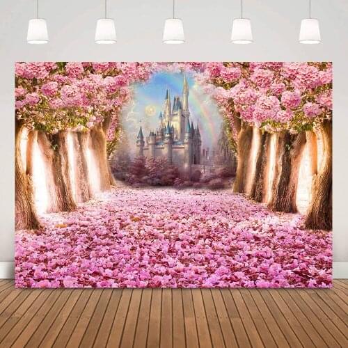 Floral Castle Backdrop for Photography Pink Flower Sea Rainbow Portrait Background Romantic Wedding Bridal Shower Photocall