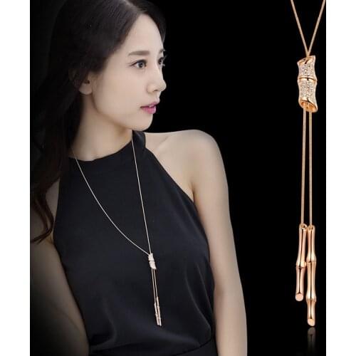 Length 88cm Fashion Rhinestone Bamboo Pendant Necklaces womens fashion sweater jewelry accessories