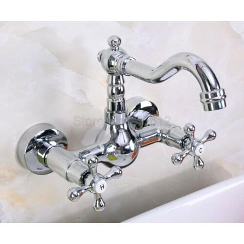 Chrome Wall Mount Double Handle Bathroom Faucet Vanity Vessel Sinks Mixer Tap Cold And Hot Water Tap tnf968