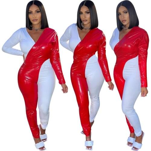 Chiclover Jumpsuits Wholesale Items Office Ladies PU Leather Patchwork Jumpersuit Rompers Long Sleeve Elegant Jump Suit Bodysuit