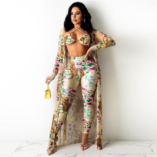 3 Pieces Pants Set Sexy Autumn Fashion Womens Sets Female Tops Floral Print Long Sleeve Cardigan And Bodycon Pants Tracksuit