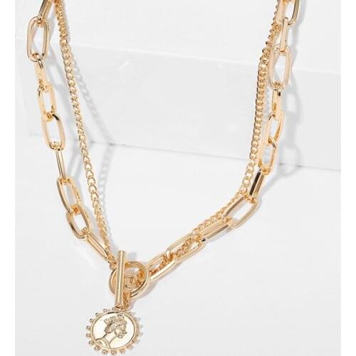 Portrait Pendant Necklace for Women Gold Color Coin Thick Clavicle Chain Necklace Gothic Vintage Collier Collares Jewelry