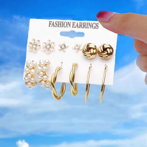 Fashion Hoop Pearl Earrings Set Sweet Gold Color Flower Geometric Earrings for Women Girl Party Wedding Jewelry Gifts
