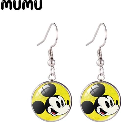 2021 New Mickey Mouse Fish Hook Earring Cartoon Photo Round Jewelry Glass Dome Earrings Gifts Girl