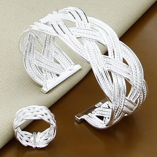 New Style 925 Sterling Silver Interlaced Mesh Bracelet Ring Set For Female Engagement Party Wedding Fashion Charm Jewelry