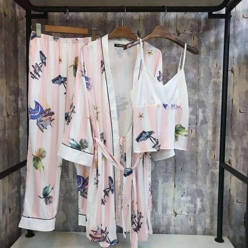 Pajamas Sets 3 Pieces Fashion Spaghetti Strap Satin Sleepwear Female Flower Print Long Sleeve Pyjama Home Clothing Pijama new