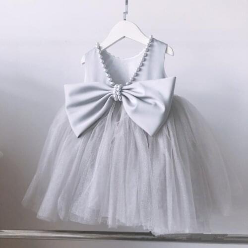 Newborn Baptism Dress For 1 Year Birthday Party Baby Girl Gray Tulle Beads Bow Lace Christening Gown Infant Pageant Clothing