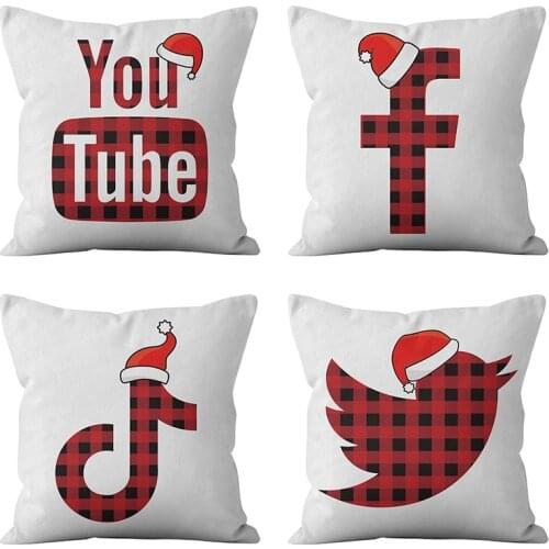 APP Logo Throw Pillow Case Tartan Social App with Christmas Hat Cushion Covers for Home Sofa Chair Decorative Pillowcases