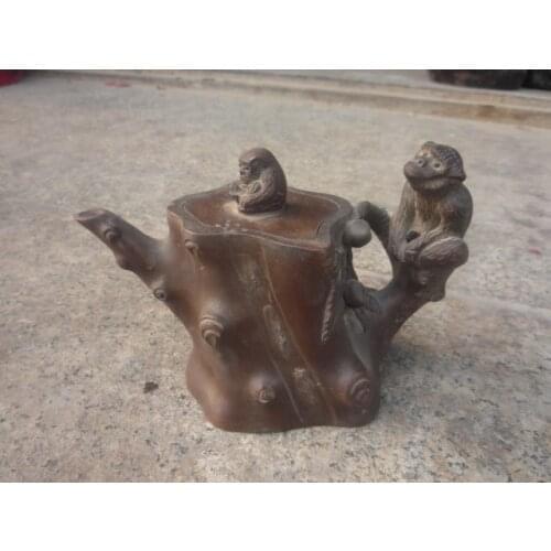Rare Old Chinese Handcraft Enameled YiXing Zisha Teapot,carving Monkey, exquisite design,with mark,Free shipping