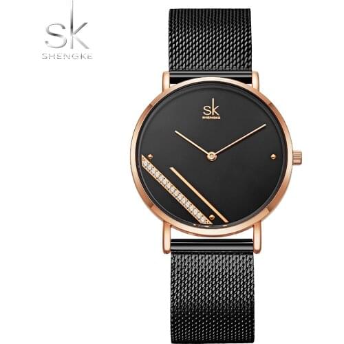 Shengke Luxury Brand Women Watches Black Crystal Dial Quartz Ladies Watches Mesh Strap Gift For Wife Montre Femme Reloj Mujer