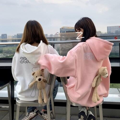 Oversize INS Style Men Women Hoodies With Bear Doll 2020 Korean Couple Man Loose Black White Hooded Sweatshirts Harajuku Top