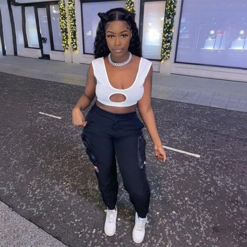 White Front Hollow Out Streetwear Slim Fit Tank Top Women Fashion Low Neck Sleeveless Cropped T Shirts Casual Summer Skinny Tee