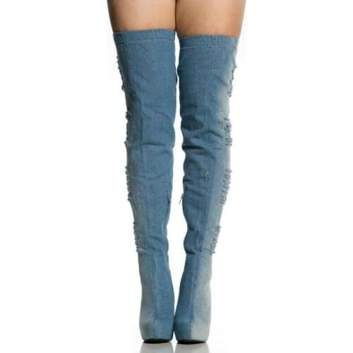 Womens Ladies Platform Over Knee High Boots Denim Stiletto Zip Slim Shoes