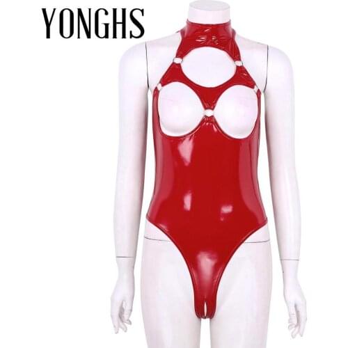Womens Lingerie Leather Sex Thong Bodysuit Wet Look Halter Neck Hollow Out Nipples Open Back Crotchless Thong Leotard Bodysuit