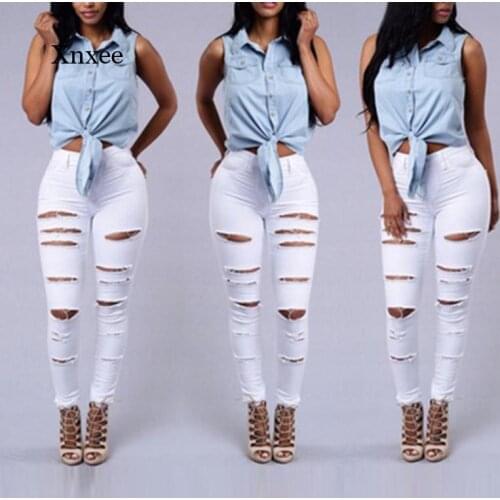 2021 Summer Skinny Jeans Ladies New Jeans Ripped Pencil Pants High Waist Casual Pants White Stretch Ripped Jeans