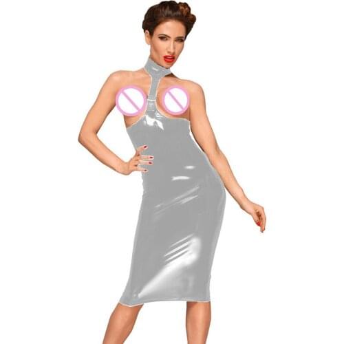 2021 New Women Faux Leather Midi Dress Steel Pipe Dance Erotic Open Chest Dress Halter Open Back Party Sleevelesss Pencil Dress