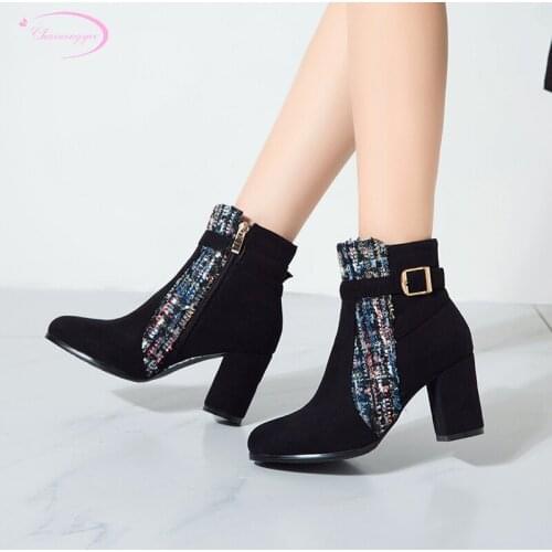 Casual style round toe nubuck ankle boots fashion zipper buckle beige black high-heeled chunky riding boots womens shoes