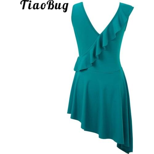 Kids V Shape Open Back Tulle Ballet Gymnastics Leotard Irregular Girls Figure Skating Dress Children Latin Dance Costumes