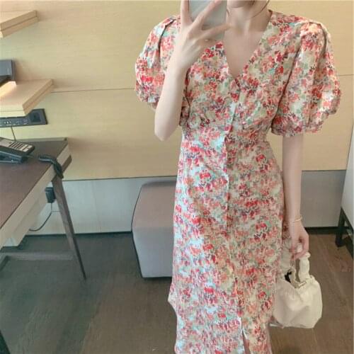 French Romance Retro Dress Women Casual Print V Neck Casual Clothing Puff Sleeve Midi Dresses Lady pink Dropshipping
