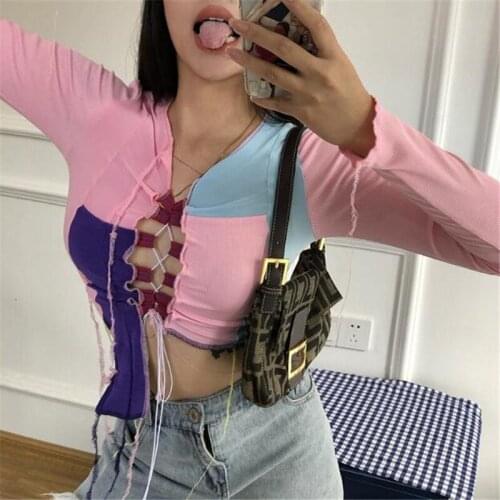 Women Contrast Color Patchwork T-shirt Sexy Front Hollow Lace-up Long Sleeve T-shirt Fashion Cool Basic Punk Streetwear Tee Tops