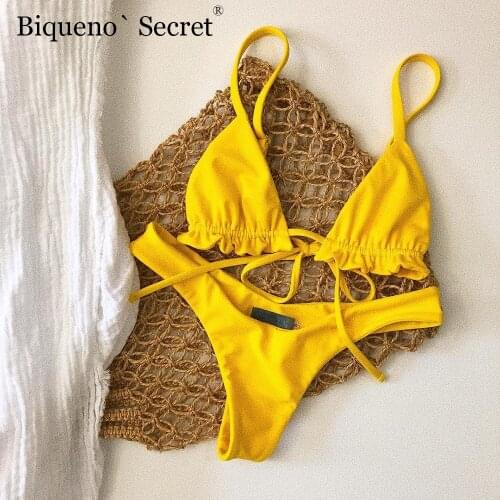 Beach Wear Yellow Ruffle Bikini Set Biquini Sexy Thong Swimsuit Swimwear Women RED Push Up Bandage Bikini 2019 Maillot De Bain