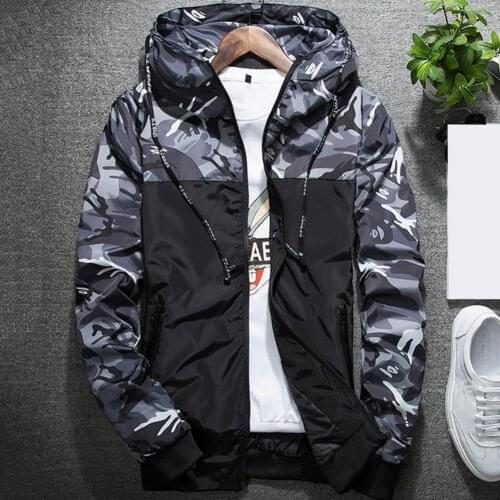 Camouflage Print Patchwork Bomber Jacket Casual Hooded Zipper Pocket Coat jaqueta corta vento chaquetas hombre casaco masculinos