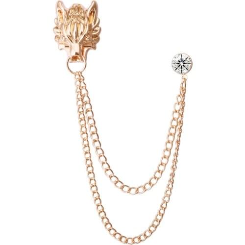 Retro Metal Animal Wolf Head Brooch Rhinestone Tassel Lape Pin Suit Shirt Badge Brooch Jewelry Luxury Gifts for Men Accessories