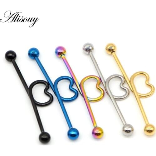 Alisouy 1 PCS Cute screw back Stainless steel 38mm plug tunnel jewelry love heart Cartilage nail body piercing jewelry 5 color
