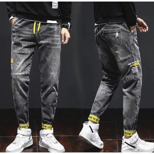 Men’s Washed Denim Cargo Pants,Loose-fit Jogging Pants,Ankle-length Harem Pants,Stylish Hip-hop Pants,Youth Fashion Slack Jeans