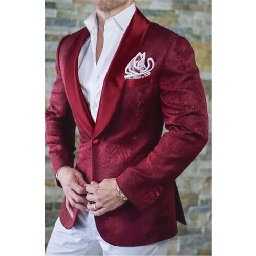 Red Latest Design Groomsmen Groom Tuxedos Shawl Satin Lapel Men Suits 2 Pieces Wedding Best Man ( Jacket+Pants+Tie )