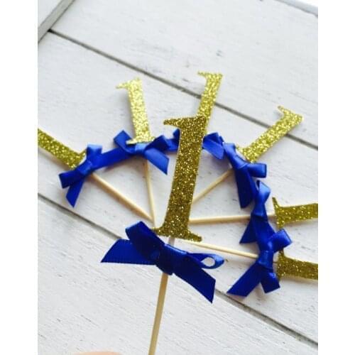 One cupcake toppers. Royal Blue and Gold. First birthday party. 10 Party cake toppers. Gold cupcake toppers. Gold Glitter cupcak