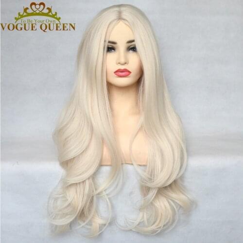 Vogue Queen Platinum Blonde Synthetic Natural Wave Full Machine Made Wig Heat Resistant Fiber Cosplay For Women