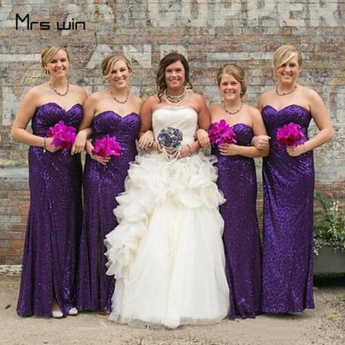 Mrs win Bridesmaid Dresses Real Sequins Strapless Vestido Madrinha Mermaid Purple Sleeveless Wedding Guest Dress Plus Size HR308
