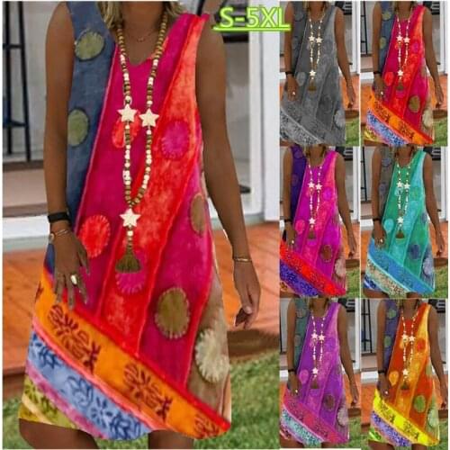 Womens Elegant V-neck Sleeveless Casual Loose Dress Printed Splicing Harajuku Pullover Dress Fashion Street Style Plus Size 5XL