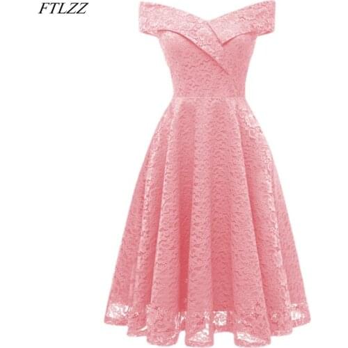 FTLZZ Summer New Ladies Sexy Off The Shoulder A-line Slim Party Dress Plus Size Women Vintage Lace V-neck Medium Long Dress