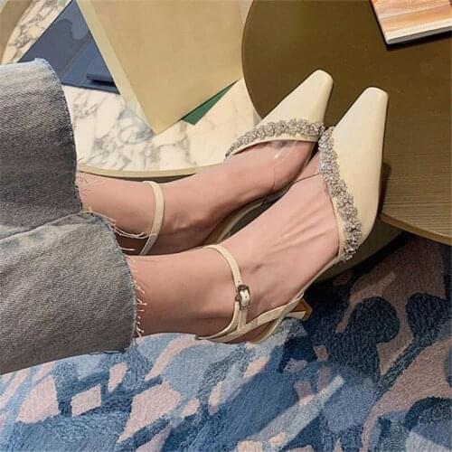 PXELENA Shiny Crystal Genuine Leather+Transparent Sandals Lady 2021 Summer Kitten High Heel Women Dress Party Date Office Shoes