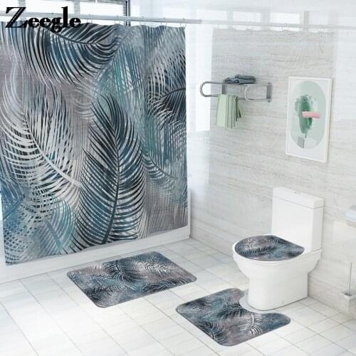 Nordic Style Shower Curtain and Toilet Mat Set Leaves Print Bath Mat Non-slip Floor Carpet for Bathroom U-Shaped Toilet Rug Set