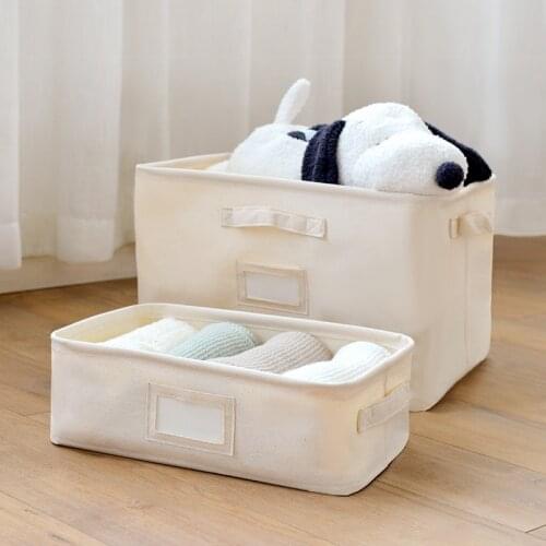 Cotton Fabric Plain Color Folding Storage Basket Waterproof White Sundries Box with Labels