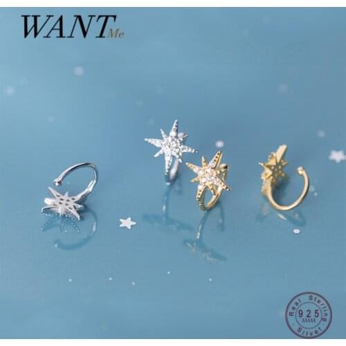 WANTME Genuine 925 Sterling Silver Pave Zircon Ray Star Ear Clip Earring for Women Korean Chic Piercing Ear Cuff Earring Jewelry
