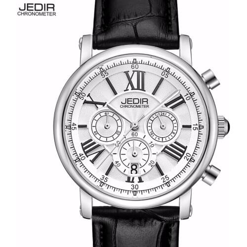 JEDIR Brand Womans Chronograph Quartz Watch with 24 Hours and Calendar Display Black Leather Strap Wrist Stopwatches for Ladies