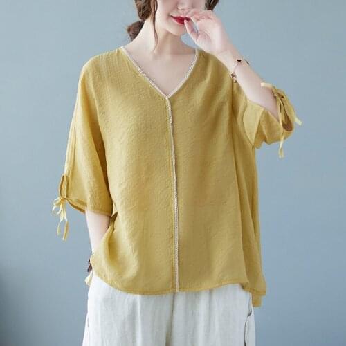 Women Summer Thin Casual T-shirts New Arrival 2021 Vintage Style V-neck Solid Color Loose Female Cotton Linen Tops Tees B500