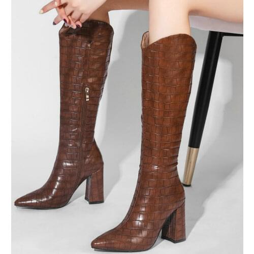 9CM Thick Heel Pointed Toe Women Western Boots Crocodile Pattern PU Ladies Knee Length High Boots with Zipper Loose Winter Boots