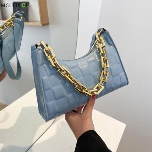 Female Baguette Handbags with Checker Pattern Printed Chain PU Leather Embossing Shoulder Underarm Bags for Shopping