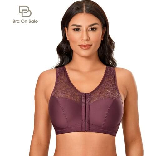 Womens Sheer Lace Front Closure Bra Cotton Plus Size Full Coverage Wirefree Racerback