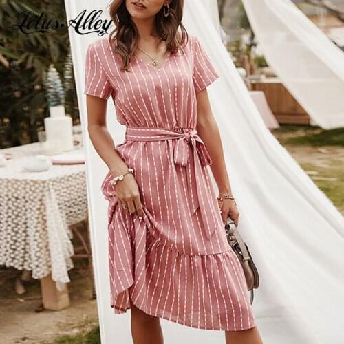 Pink Stripe Dress Women Casual Elegant Short Sleeve V Neck Spring Summer Dresses 2021 New Arrival Jurk Dames Office Ladies 2019