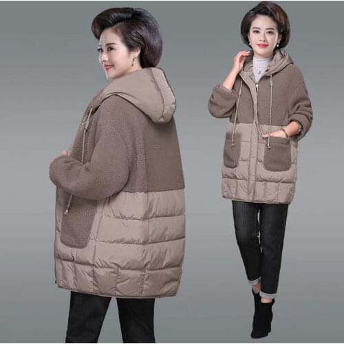 Middle-aged Mother Winter Jacket Fashion Hooded Parkas Thick Cotton Lamb wool Patchwork Coat Warm Loose Casual Womens Outwear
