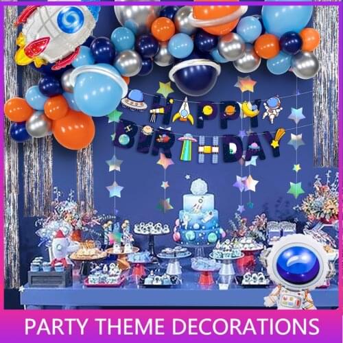 1 Set Outer Space Theme Decoration Banner Balloons UFO Spaceship Astronaut Bunting Hanging Banner Boy Kids Birthday Party Favors